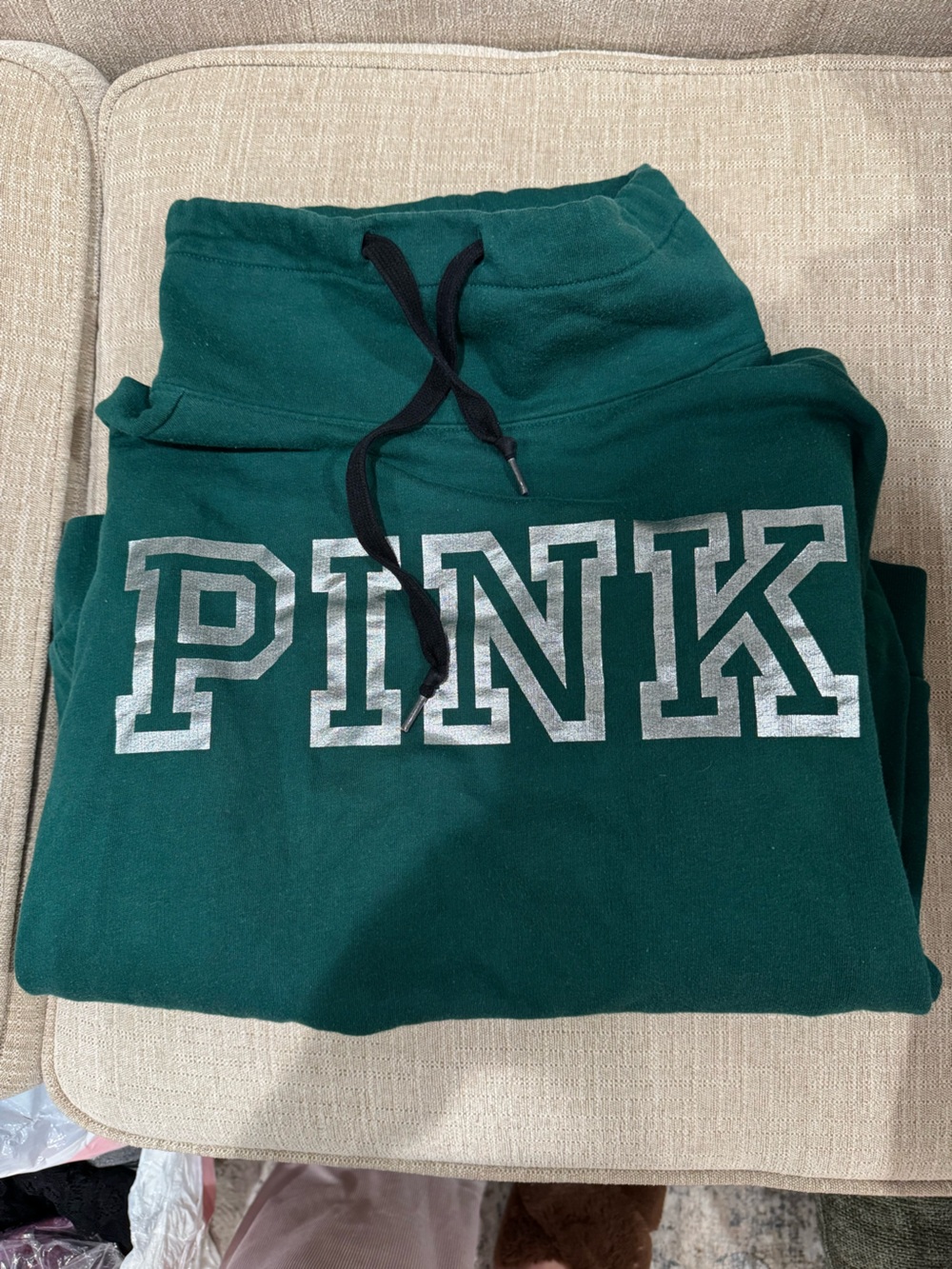 PINK Victoria's Secret Emerald Green Sweatshirt with Silver Logo
